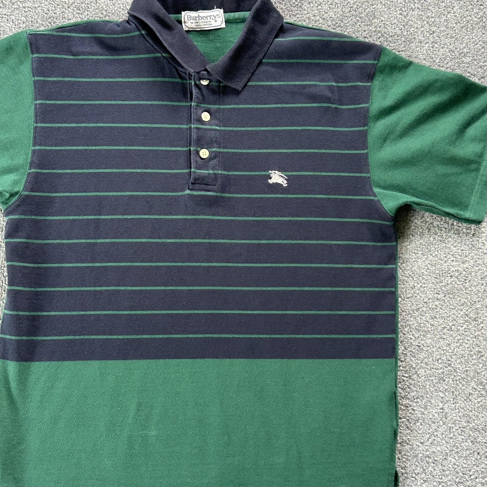 Vintage Burberrys Polo Shirt Mens Medium Green Navy Stripe Knight Logo